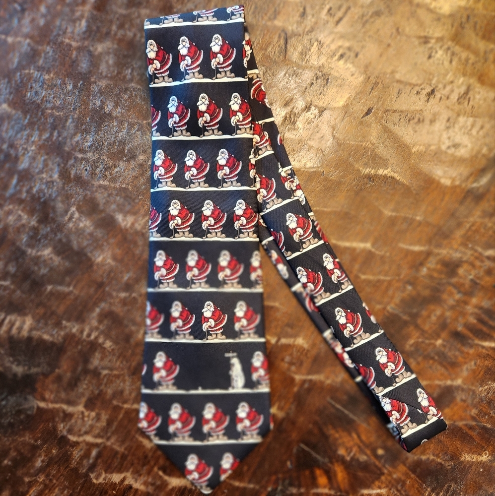 Santa Christmas Tie 100% Silk Black Mens Holiday Necktie Santa Golfing